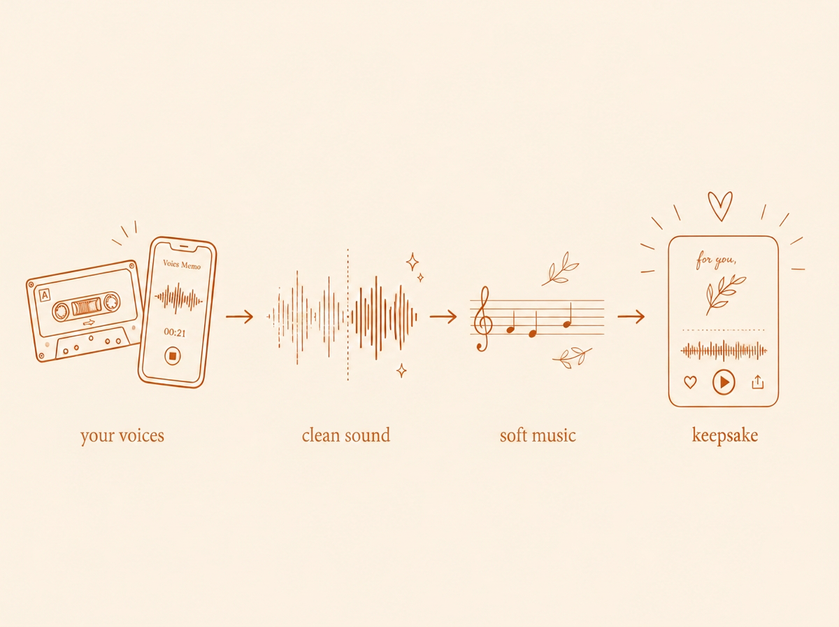 How a Voice Letter is made: your voices are cleaned, given soft music, and turned into a keepsake.