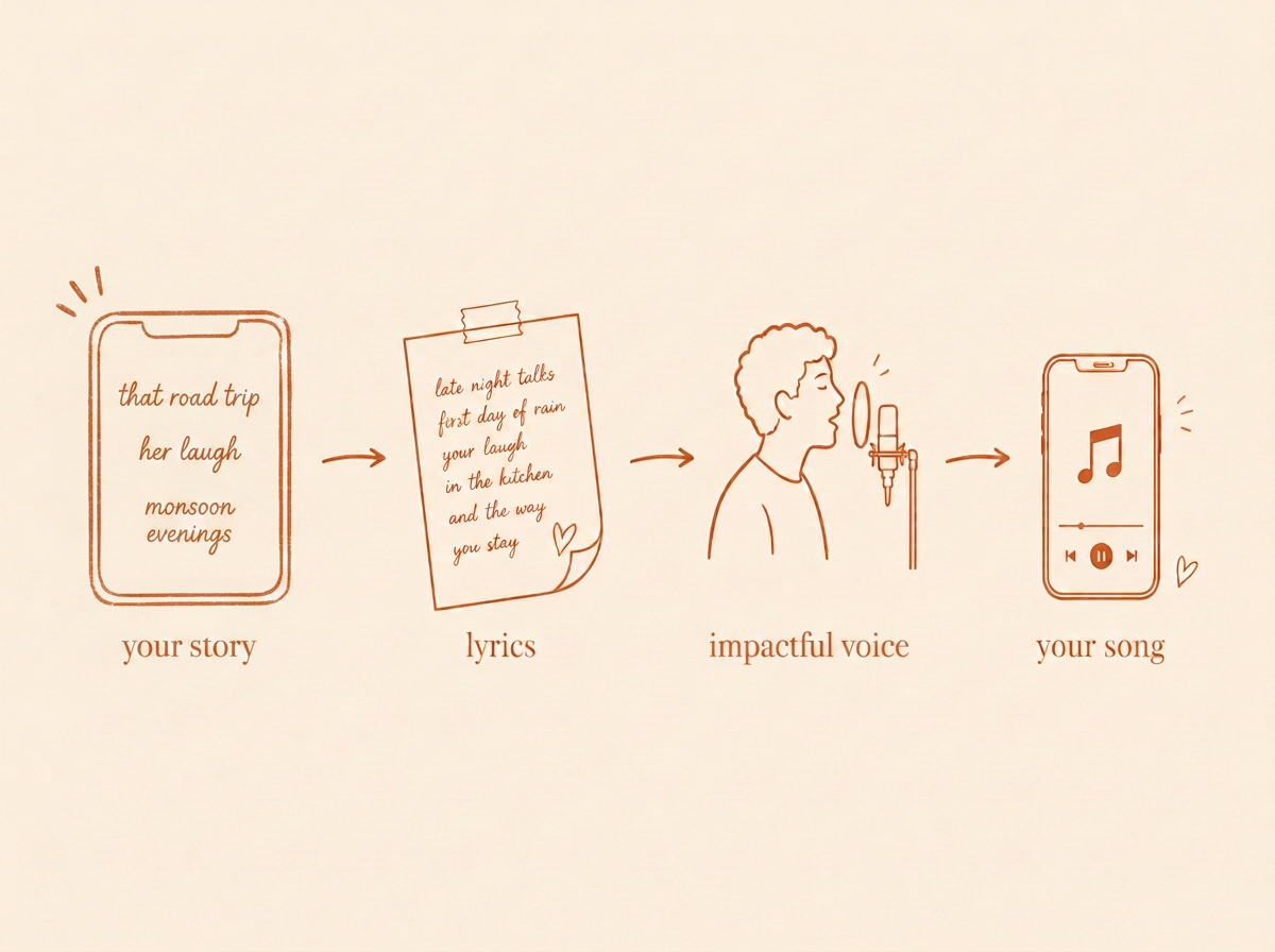 How a Custom Song is made: your story becomes lyrics, then an impactful voice, then your song.